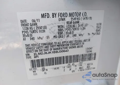 2011 Lincoln Mkx z USA, uszkodzony, nr VIN 2LMDJ8JK1BBJ30643